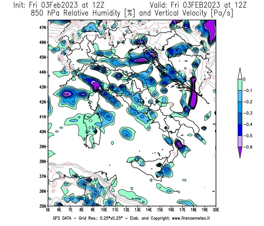 Mappa di analisi GFS - Umidità relativa [%] e Omega [Pa/s] a 850 hPa in Italia
							del 03/02/2023 12 <!--googleoff: index-->UTC<!--googleon: index-->