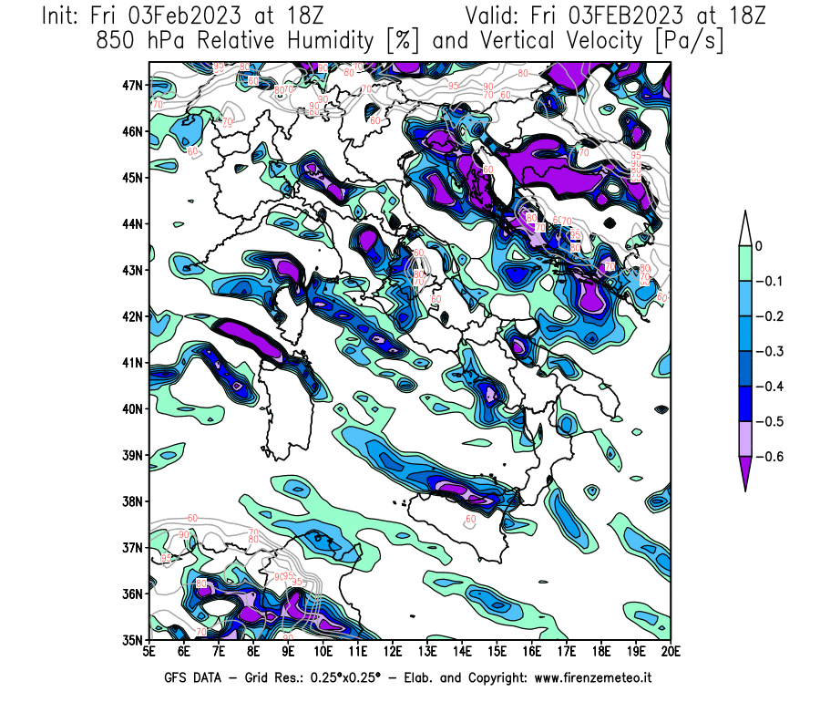 Mappa di analisi GFS - Umidità relativa [%] e Omega [Pa/s] a 850 hPa in Italia
							del 03/02/2023 18 <!--googleoff: index-->UTC<!--googleon: index-->