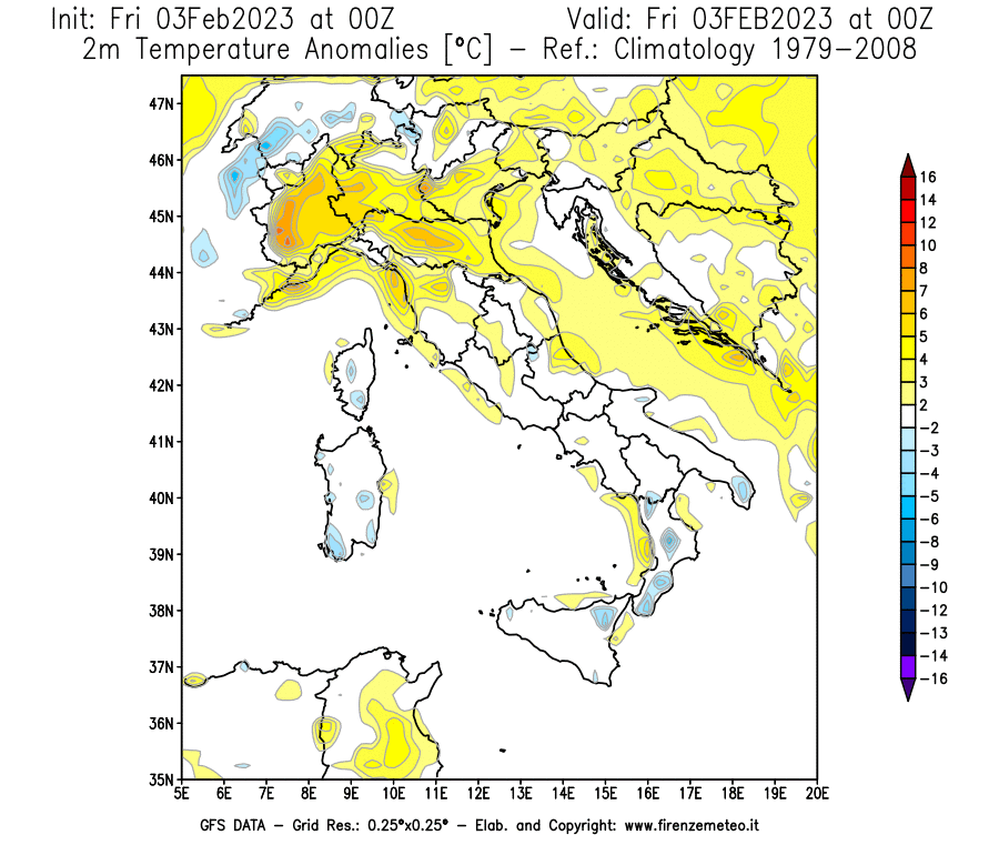 Mappa di analisi GFS - Anomalia Temperatura [°C] a 2 m in Italia
							del 03/02/2023 00 <!--googleoff: index-->UTC<!--googleon: index-->