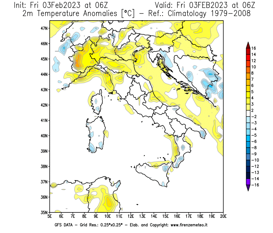Mappa di analisi GFS - Anomalia Temperatura [°C] a 2 m in Italia
							del 03/02/2023 06 <!--googleoff: index-->UTC<!--googleon: index-->