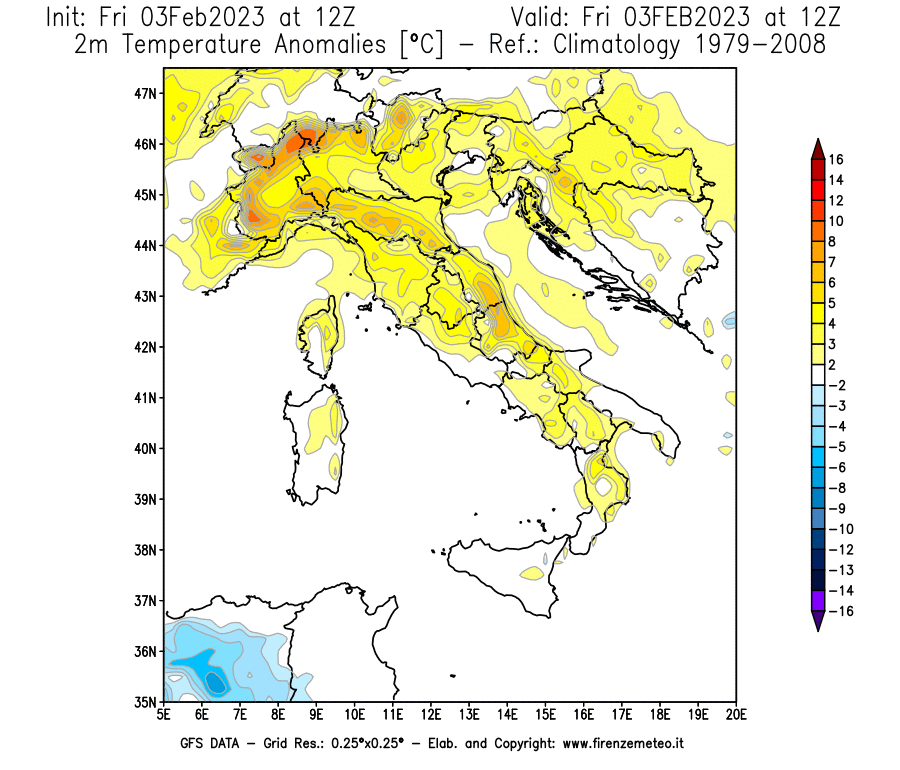 Mappa di analisi GFS - Anomalia Temperatura [°C] a 2 m in Italia
							del 03/02/2023 12 <!--googleoff: index-->UTC<!--googleon: index-->