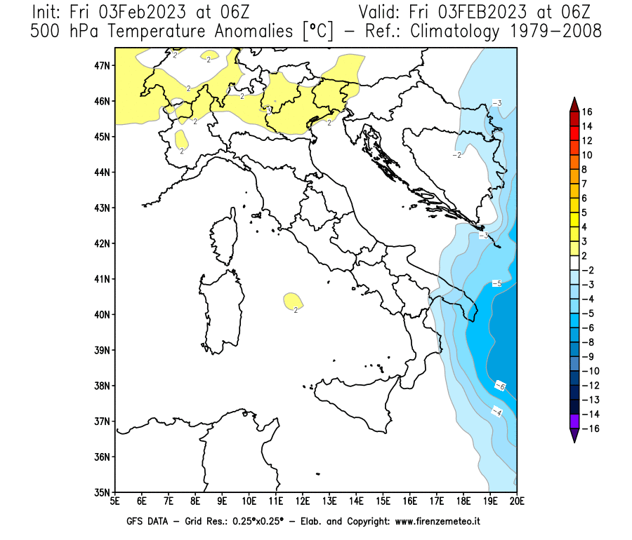 Mappa di analisi GFS - Anomalia Temperatura [°C] a 500 hPa in Italia
							del 03/02/2023 06 <!--googleoff: index-->UTC<!--googleon: index-->