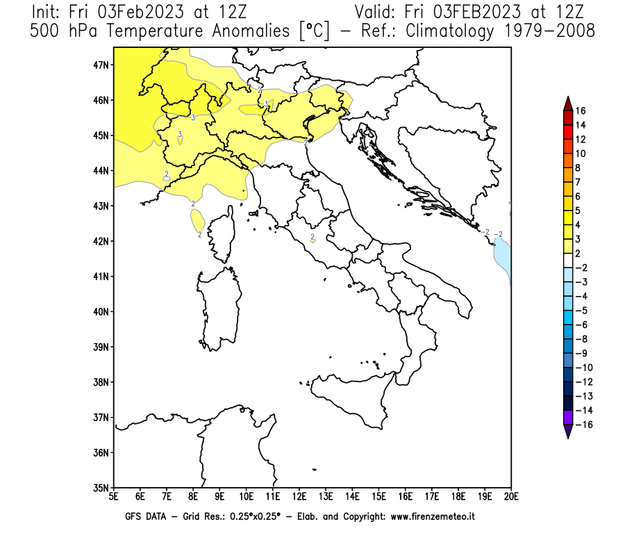 Mappa di analisi GFS - Anomalia Temperatura [°C] a 500 hPa in Italia
							del 03/02/2023 12 <!--googleoff: index-->UTC<!--googleon: index-->