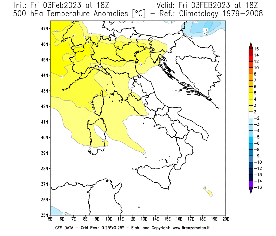 Mappa di analisi GFS - Anomalia Temperatura [°C] a 500 hPa in Italia
							del 03/02/2023 18 <!--googleoff: index-->UTC<!--googleon: index-->