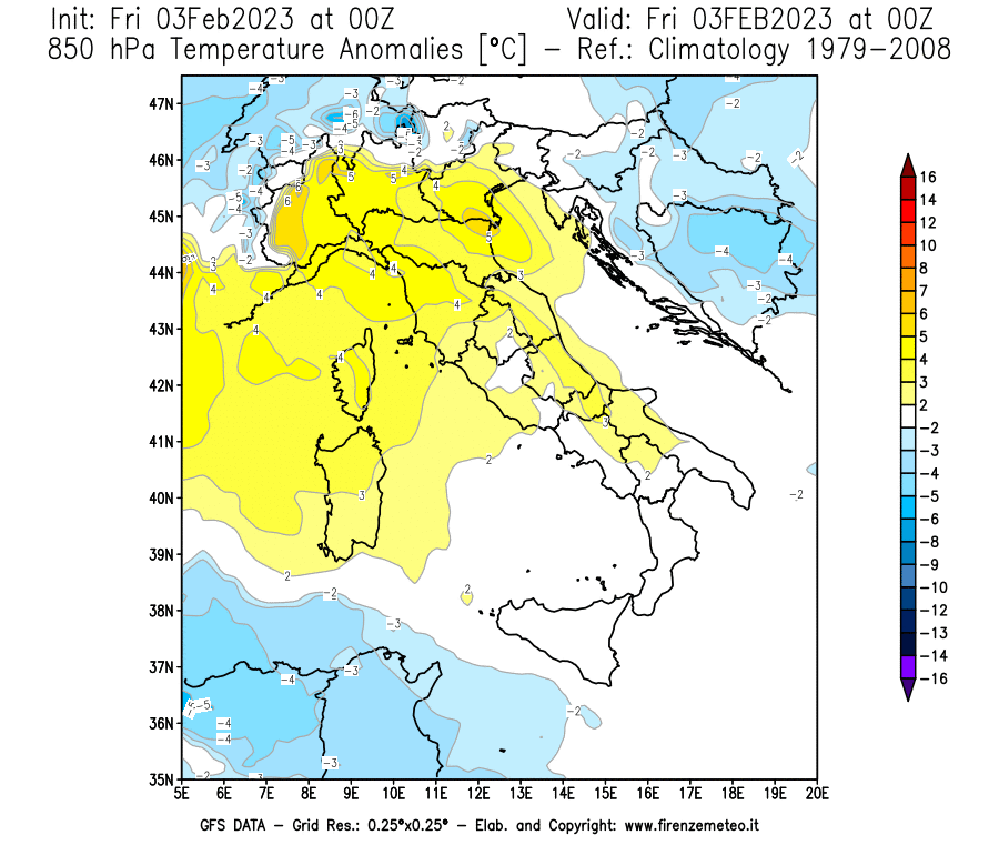 Mappa di analisi GFS - Anomalia Temperatura [°C] a 850 hPa in Italia
							del 03/02/2023 00 <!--googleoff: index-->UTC<!--googleon: index-->