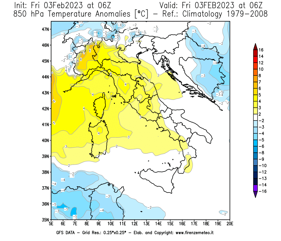 Mappa di analisi GFS - Anomalia Temperatura [°C] a 850 hPa in Italia
							del 03/02/2023 06 <!--googleoff: index-->UTC<!--googleon: index-->