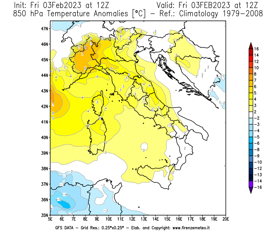 Mappa di analisi GFS - Anomalia Temperatura [°C] a 850 hPa in Italia
							del 03/02/2023 12 <!--googleoff: index-->UTC<!--googleon: index-->