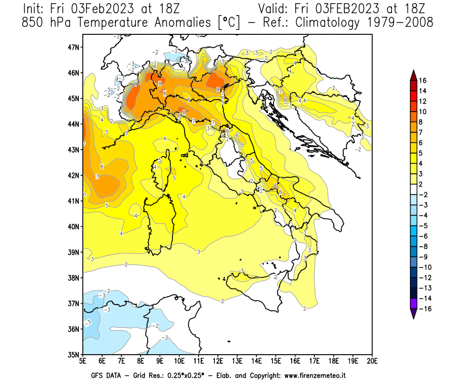 Mappa di analisi GFS - Anomalia Temperatura [°C] a 850 hPa in Italia
							del 03/02/2023 18 <!--googleoff: index-->UTC<!--googleon: index-->