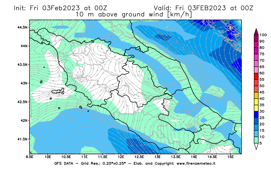Mappa di analisi GFS - Velocità del vento a 10 metri dal suolo [km/h] in Centro-Italia
							del 03/02/2023 00 <!--googleoff: index-->UTC<!--googleon: index-->