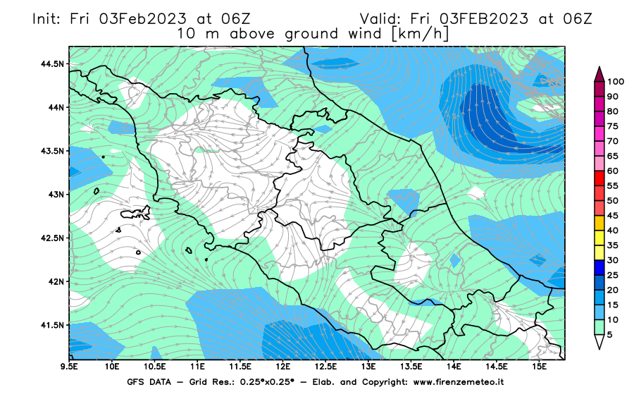 Mappa di analisi GFS - Velocità del vento a 10 metri dal suolo [km/h] in Centro-Italia
							del 03/02/2023 06 <!--googleoff: index-->UTC<!--googleon: index-->