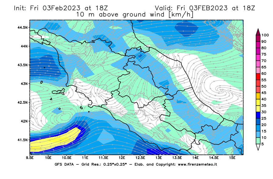 Mappa di analisi GFS - Velocità del vento a 10 metri dal suolo [km/h] in Centro-Italia
							del 03/02/2023 18 <!--googleoff: index-->UTC<!--googleon: index-->