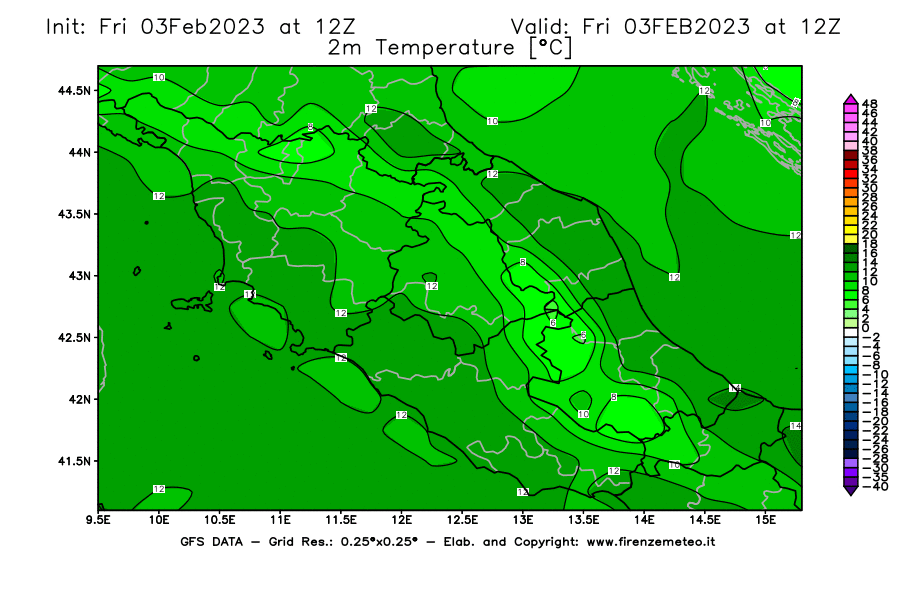 Mappa di analisi GFS - Temperatura a 2 metri dal suolo [°C] in Centro-Italia
							del 03/02/2023 12 <!--googleoff: index-->UTC<!--googleon: index-->