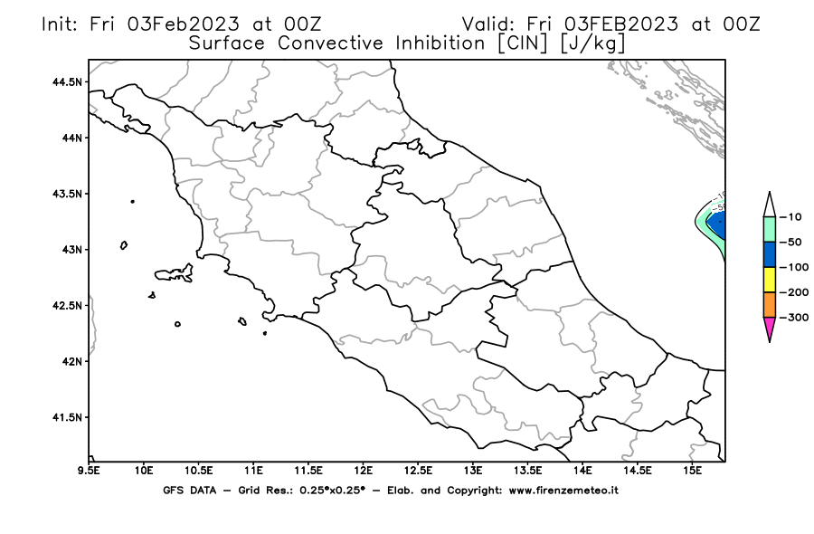 Mappa di analisi GFS - CIN [J/kg] in Centro-Italia
							del 03/02/2023 00 <!--googleoff: index-->UTC<!--googleon: index-->