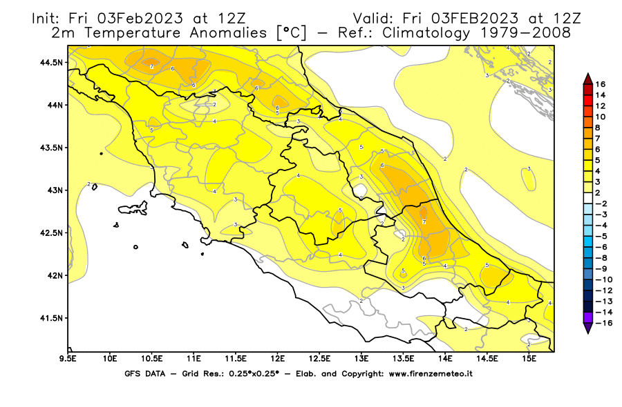 Mappa di analisi GFS - Anomalia Temperatura [°C] a 2 m in Centro-Italia
							del 03/02/2023 12 <!--googleoff: index-->UTC<!--googleon: index-->