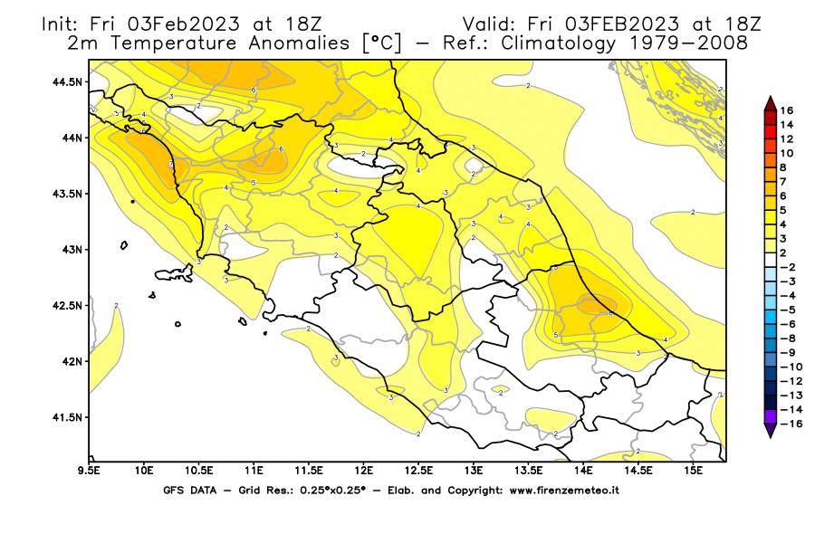 Mappa di analisi GFS - Anomalia Temperatura [°C] a 2 m in Centro-Italia
							del 03/02/2023 18 <!--googleoff: index-->UTC<!--googleon: index-->