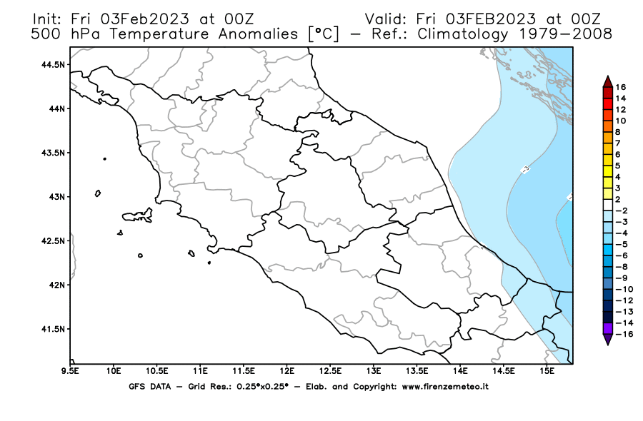 Mappa di analisi GFS - Anomalia Temperatura [°C] a 500 hPa in Centro-Italia
							del 03/02/2023 00 <!--googleoff: index-->UTC<!--googleon: index-->