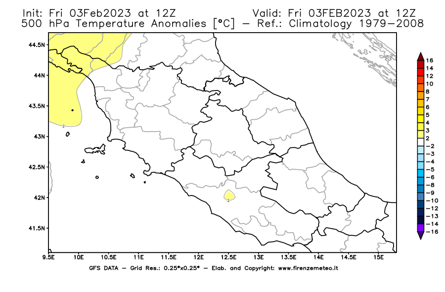 Mappa di analisi GFS - Anomalia Temperatura [°C] a 500 hPa in Centro-Italia
							del 03/02/2023 12 <!--googleoff: index-->UTC<!--googleon: index-->