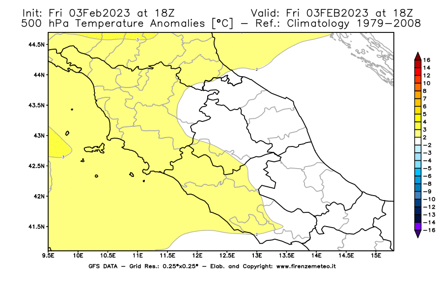 Mappa di analisi GFS - Anomalia Temperatura [°C] a 500 hPa in Centro-Italia
							del 03/02/2023 18 <!--googleoff: index-->UTC<!--googleon: index-->