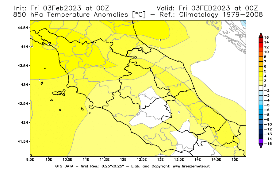 Mappa di analisi GFS - Anomalia Temperatura [°C] a 850 hPa in Centro-Italia
							del 03/02/2023 00 <!--googleoff: index-->UTC<!--googleon: index-->