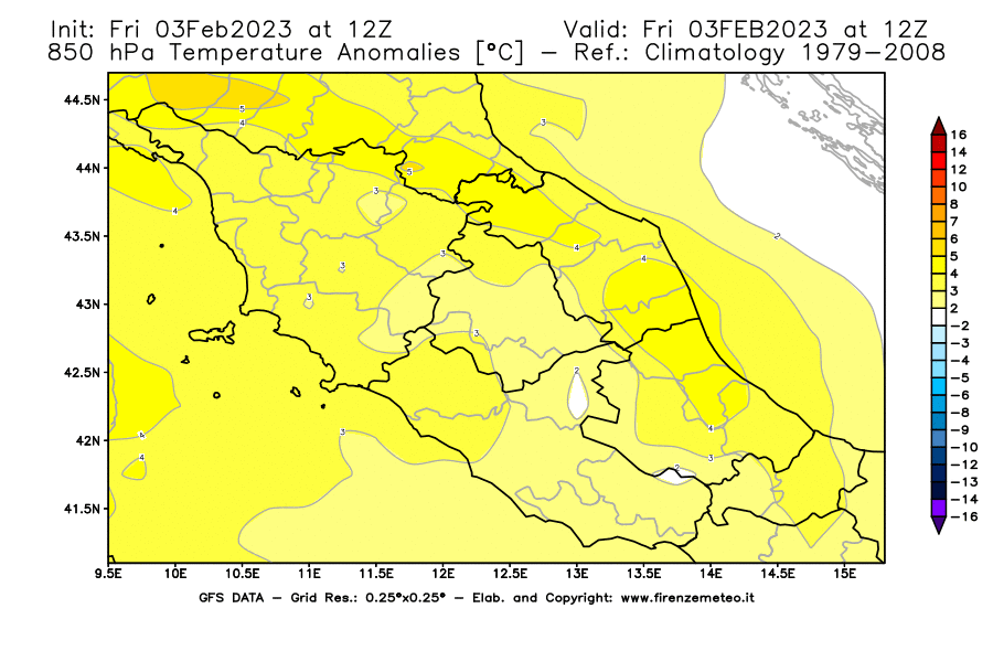 Mappa di analisi GFS - Anomalia Temperatura [°C] a 850 hPa in Centro-Italia
							del 03/02/2023 12 <!--googleoff: index-->UTC<!--googleon: index-->