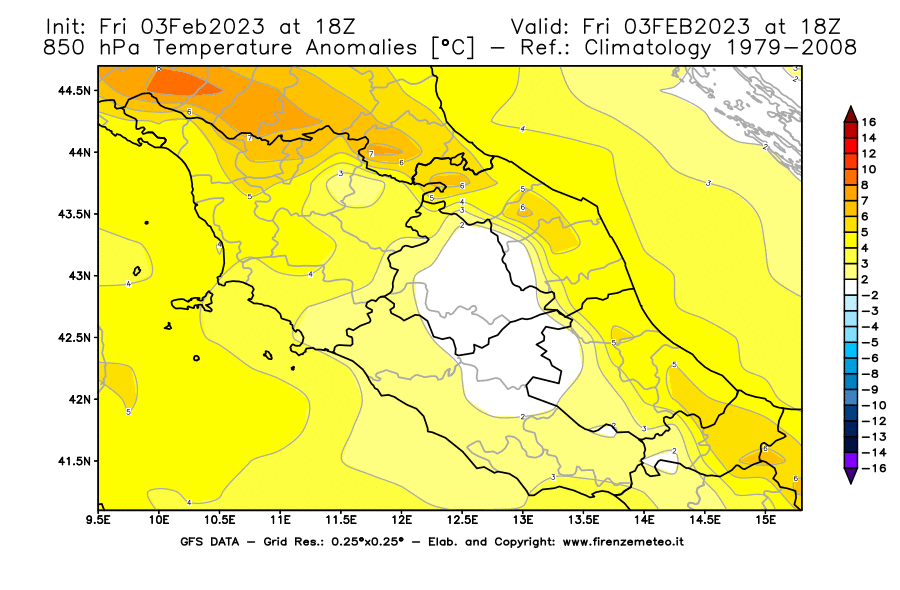 Mappa di analisi GFS - Anomalia Temperatura [°C] a 850 hPa in Centro-Italia
							del 03/02/2023 18 <!--googleoff: index-->UTC<!--googleon: index-->