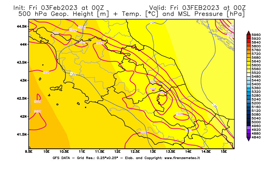 Mappa di analisi GFS - Geopotenziale [m] + Temp. [°C] a 500 hPa + Press. a livello del mare [hPa] in Centro-Italia
							del 03/02/2023 00 <!--googleoff: index-->UTC<!--googleon: index-->