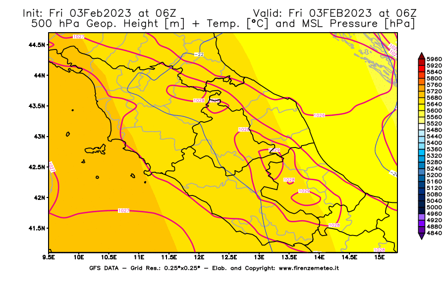 Mappa di analisi GFS - Geopotenziale [m] + Temp. [°C] a 500 hPa + Press. a livello del mare [hPa] in Centro-Italia
							del 03/02/2023 06 <!--googleoff: index-->UTC<!--googleon: index-->