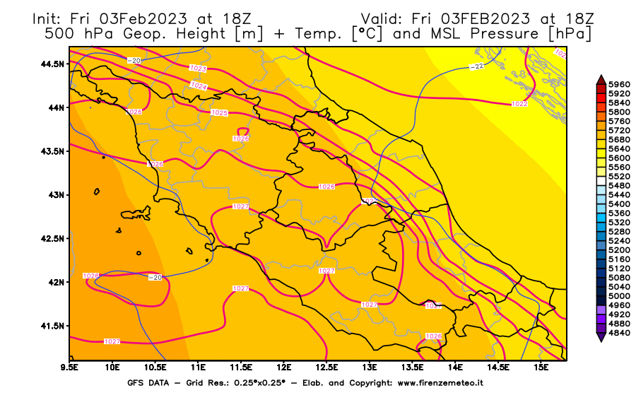Mappa di analisi GFS - Geopotenziale [m] + Temp. [°C] a 500 hPa + Press. a livello del mare [hPa] in Centro-Italia
							del 03/02/2023 18 <!--googleoff: index-->UTC<!--googleon: index-->
