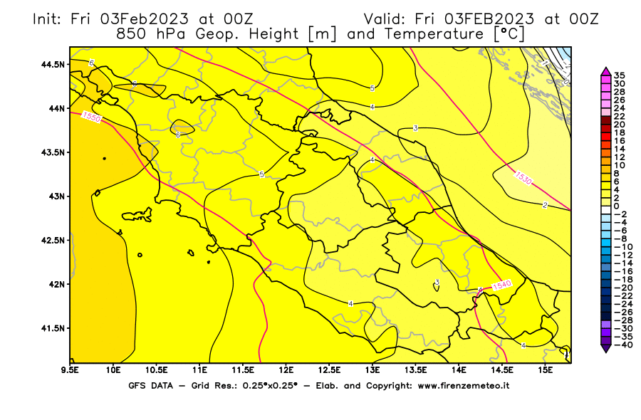 Mappa di analisi GFS - Geopotenziale [m] e Temperatura [°C] a 850 hPa in Centro-Italia
							del 03/02/2023 00 <!--googleoff: index-->UTC<!--googleon: index-->