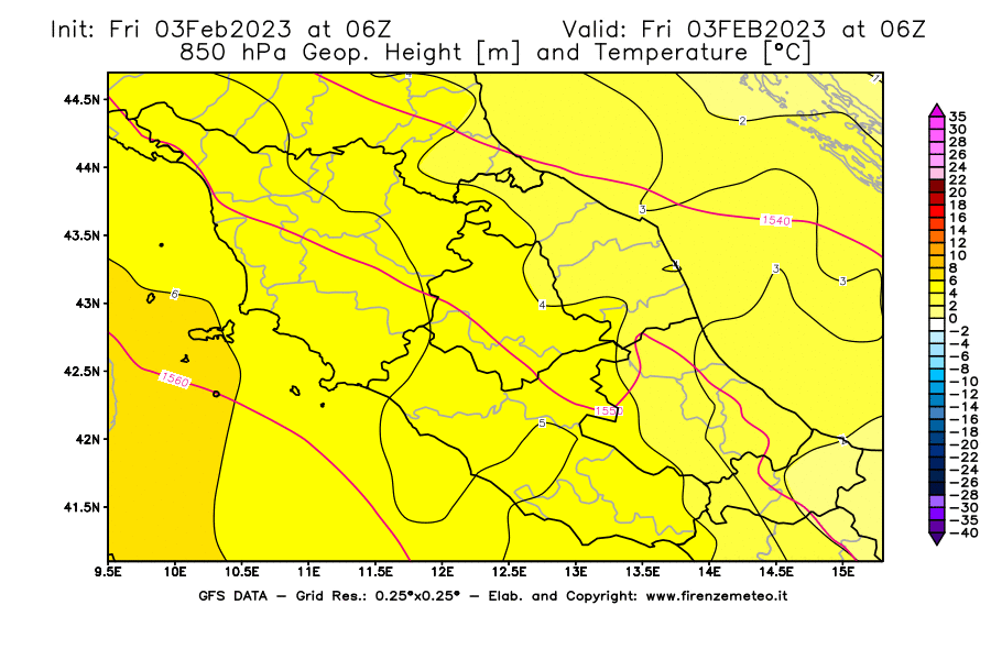Mappa di analisi GFS - Geopotenziale [m] e Temperatura [°C] a 850 hPa in Centro-Italia
							del 03/02/2023 06 <!--googleoff: index-->UTC<!--googleon: index-->