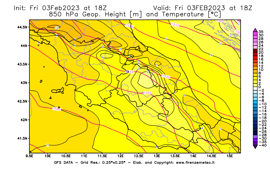 Mappa di analisi GFS - Geopotenziale [m] e Temperatura [°C] a 850 hPa in Centro-Italia
							del 03/02/2023 18 <!--googleoff: index-->UTC<!--googleon: index-->
