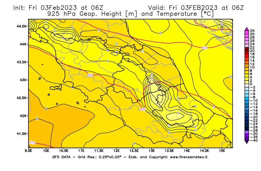 Mappa di analisi GFS - Geopotenziale [m] e Temperatura [°C] a 925 hPa in Centro-Italia
							del 03/02/2023 06 <!--googleoff: index-->UTC<!--googleon: index-->