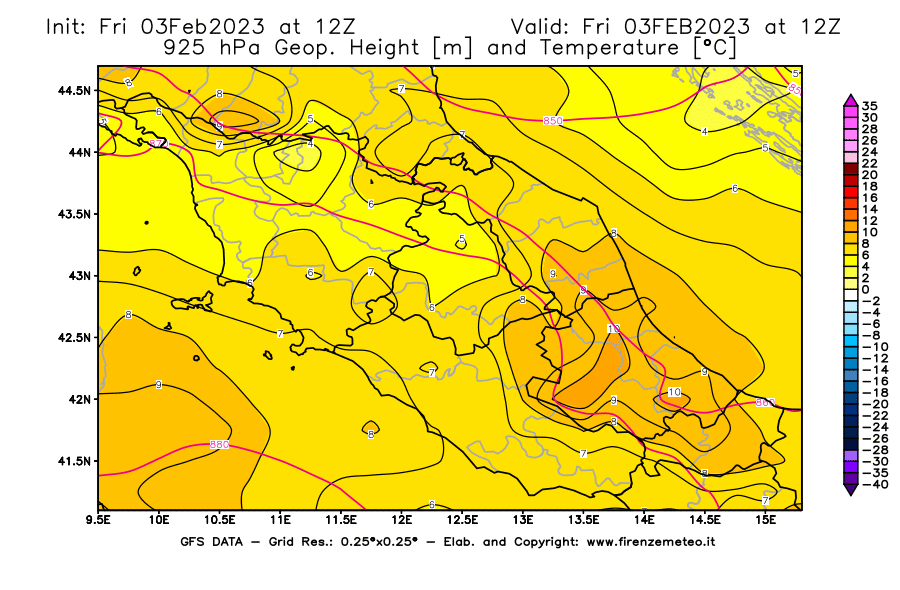 Mappa di analisi GFS - Geopotenziale [m] e Temperatura [°C] a 925 hPa in Centro-Italia
							del 03/02/2023 12 <!--googleoff: index-->UTC<!--googleon: index-->