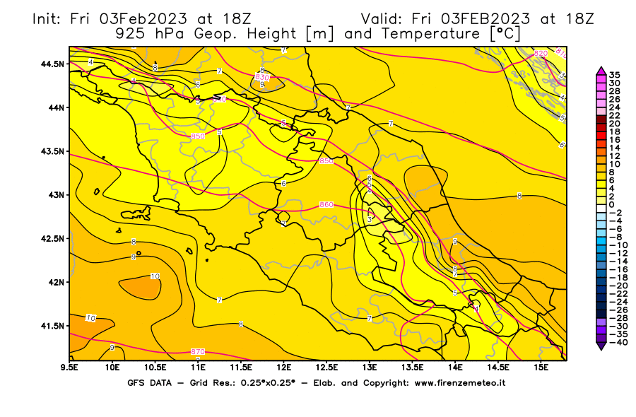 Mappa di analisi GFS - Geopotenziale [m] e Temperatura [°C] a 925 hPa in Centro-Italia
							del 03/02/2023 18 <!--googleoff: index-->UTC<!--googleon: index-->