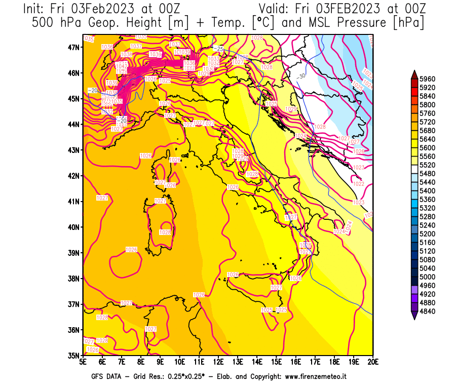 Mappa di analisi GFS - Geopotenziale [m] + Temp. [°C] a 500 hPa + Press. a livello del mare [hPa] in Italia
							del 03/02/2023 00 <!--googleoff: index-->UTC<!--googleon: index-->