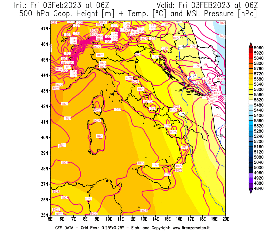 Mappa di analisi GFS - Geopotenziale [m] + Temp. [°C] a 500 hPa + Press. a livello del mare [hPa] in Italia
							del 03/02/2023 06 <!--googleoff: index-->UTC<!--googleon: index-->