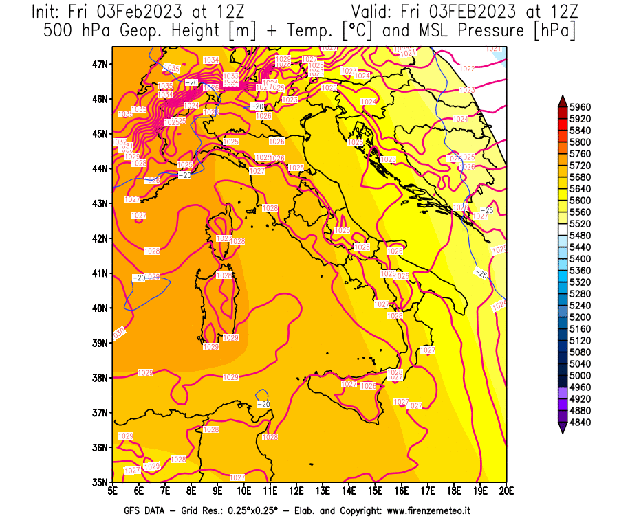 Mappa di analisi GFS - Geopotenziale [m] + Temp. [°C] a 500 hPa + Press. a livello del mare [hPa] in Italia
							del 03/02/2023 12 <!--googleoff: index-->UTC<!--googleon: index-->