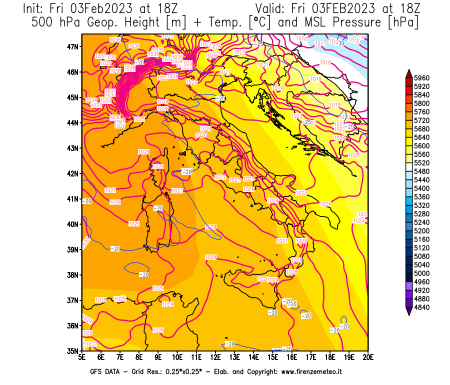 Mappa di analisi GFS - Geopotenziale [m] + Temp. [°C] a 500 hPa + Press. a livello del mare [hPa] in Italia
							del 03/02/2023 18 <!--googleoff: index-->UTC<!--googleon: index-->