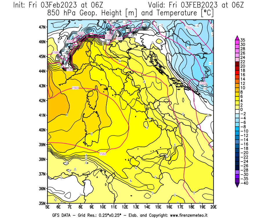 Mappa di analisi GFS - Geopotenziale [m] e Temperatura [°C] a 850 hPa in Italia
							del 03/02/2023 06 <!--googleoff: index-->UTC<!--googleon: index-->