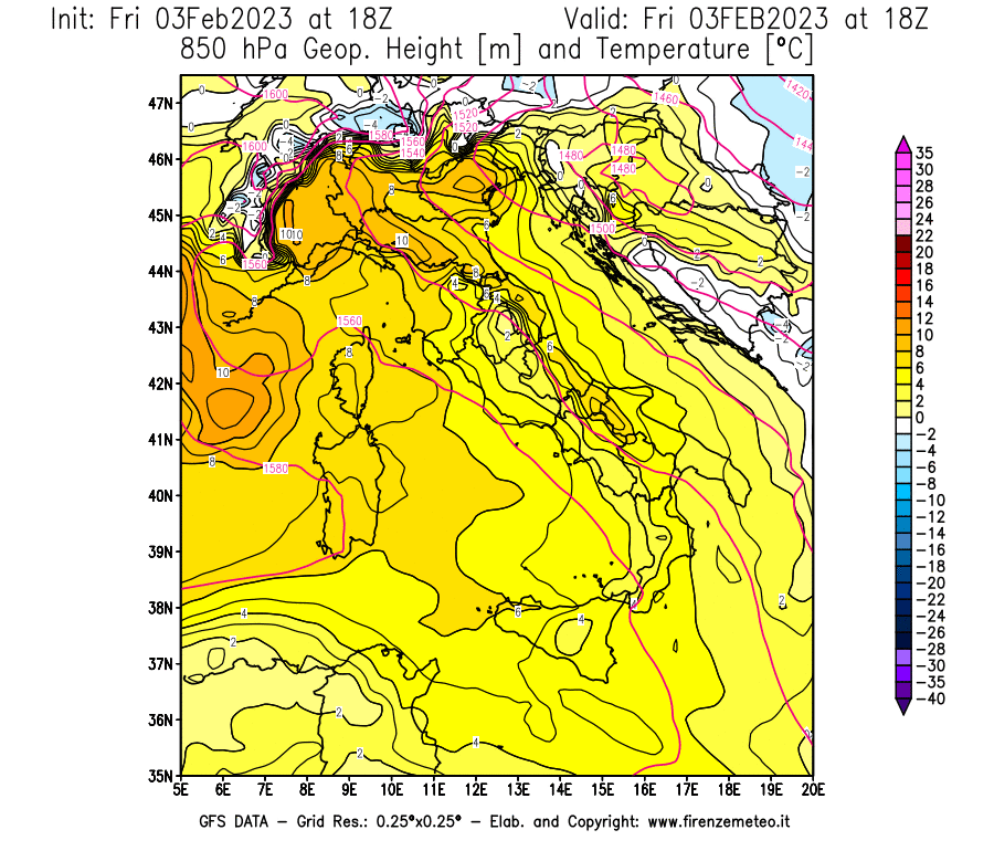 Mappa di analisi GFS - Geopotenziale [m] e Temperatura [°C] a 850 hPa in Italia
							del 03/02/2023 18 <!--googleoff: index-->UTC<!--googleon: index-->