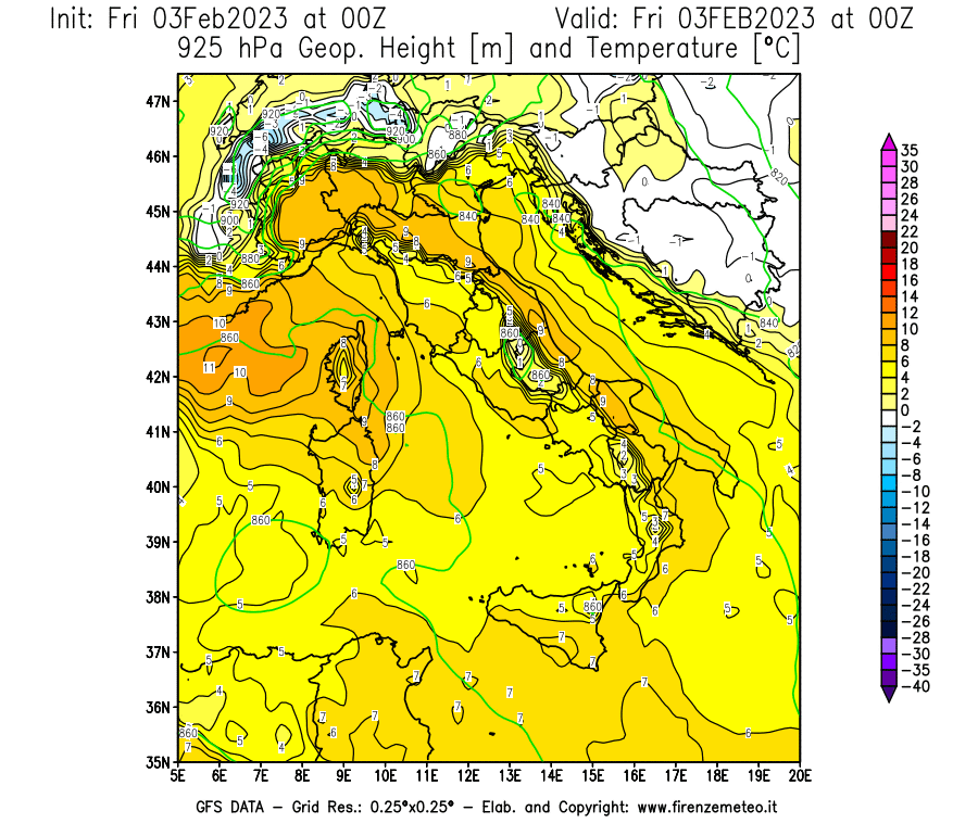 Mappa di analisi GFS - Geopotenziale [m] e Temperatura [°C] a 925 hPa in Italia
							del 03/02/2023 00 <!--googleoff: index-->UTC<!--googleon: index-->
