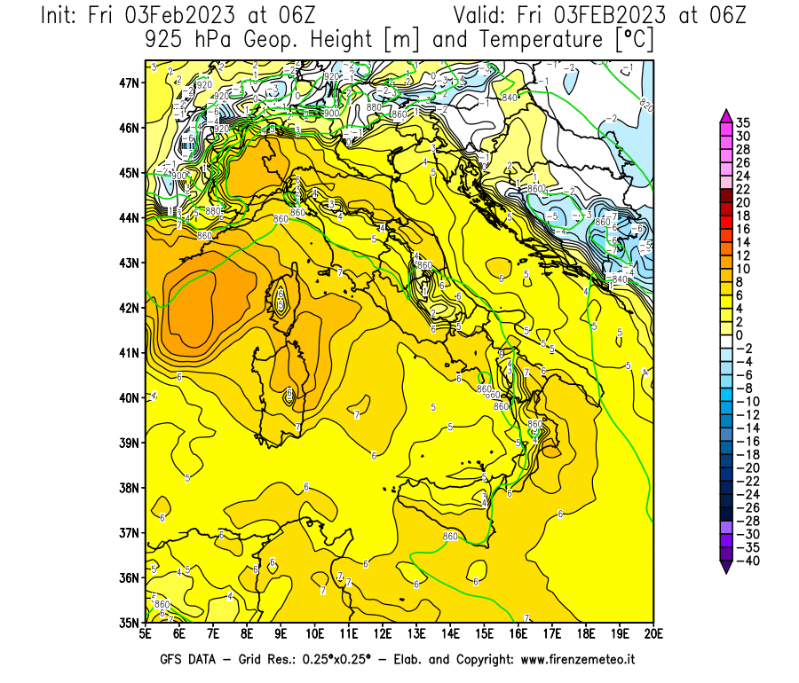 Mappa di analisi GFS - Geopotenziale [m] e Temperatura [°C] a 925 hPa in Italia
							del 03/02/2023 06 <!--googleoff: index-->UTC<!--googleon: index-->