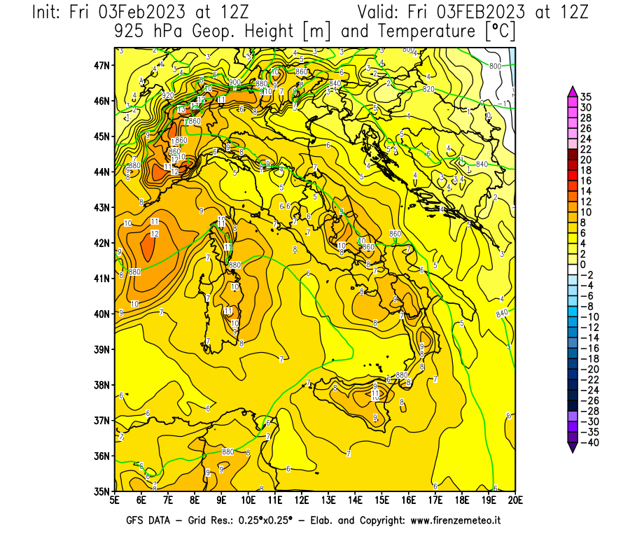 Mappa di analisi GFS - Geopotenziale [m] e Temperatura [°C] a 925 hPa in Italia
							del 03/02/2023 12 <!--googleoff: index-->UTC<!--googleon: index-->