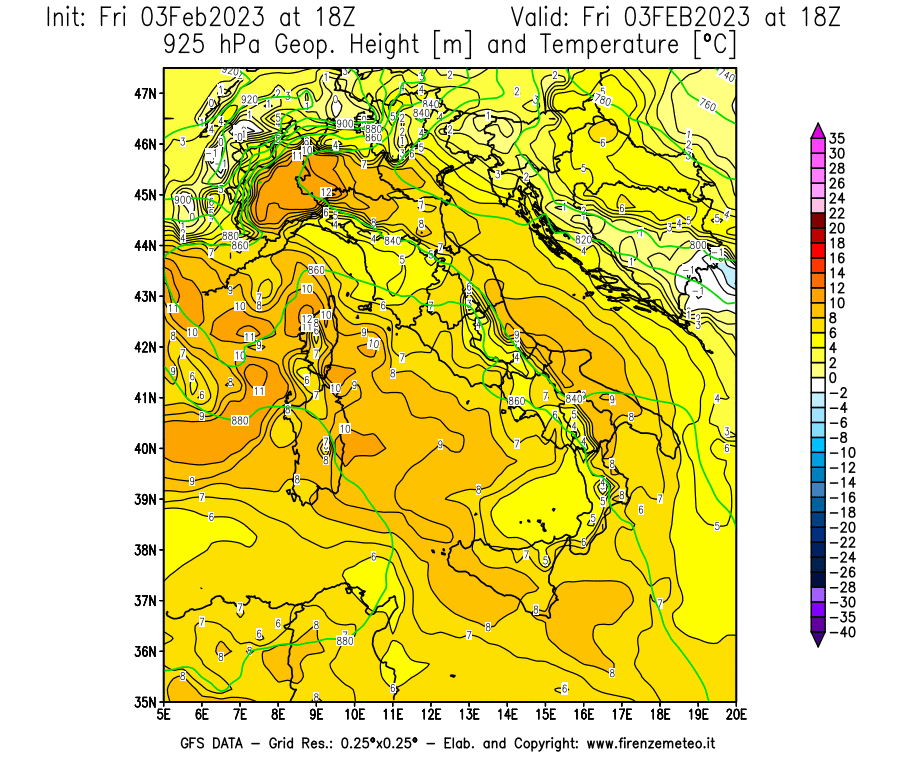Mappa di analisi GFS - Geopotenziale [m] e Temperatura [°C] a 925 hPa in Italia
							del 03/02/2023 18 <!--googleoff: index-->UTC<!--googleon: index-->