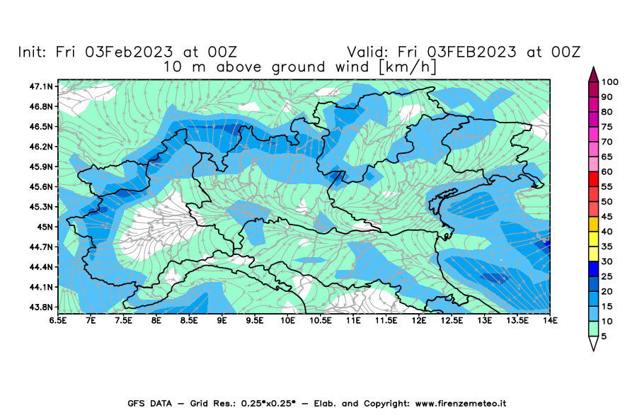 Mappa di analisi GFS - Velocità del vento a 10 metri dal suolo [km/h] in Nord-Italia
							del 03/02/2023 00 <!--googleoff: index-->UTC<!--googleon: index-->