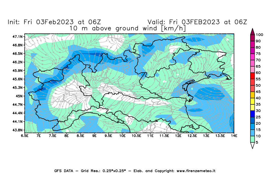 Mappa di analisi GFS - Velocità del vento a 10 metri dal suolo [km/h] in Nord-Italia
							del 03/02/2023 06 <!--googleoff: index-->UTC<!--googleon: index-->