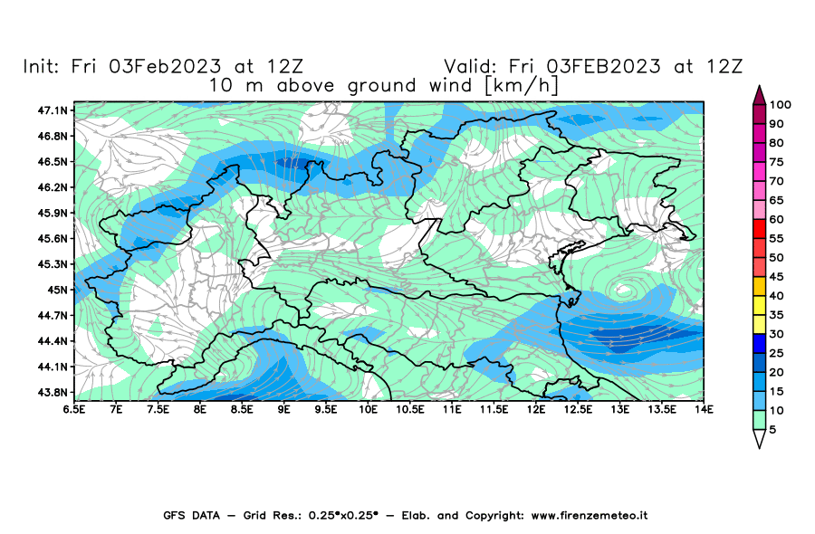 Mappa di analisi GFS - Velocità del vento a 10 metri dal suolo [km/h] in Nord-Italia
							del 03/02/2023 12 <!--googleoff: index-->UTC<!--googleon: index-->