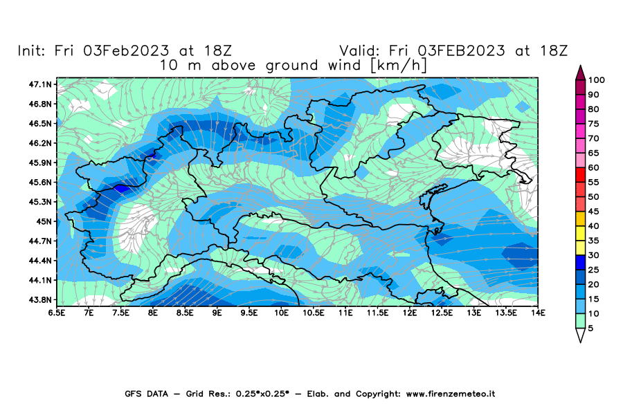 Mappa di analisi GFS - Velocità del vento a 10 metri dal suolo [km/h] in Nord-Italia
							del 03/02/2023 18 <!--googleoff: index-->UTC<!--googleon: index-->