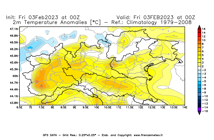 Mappa di analisi GFS - Anomalia Temperatura [°C] a 2 m in Nord-Italia
							del 03/02/2023 00 <!--googleoff: index-->UTC<!--googleon: index-->