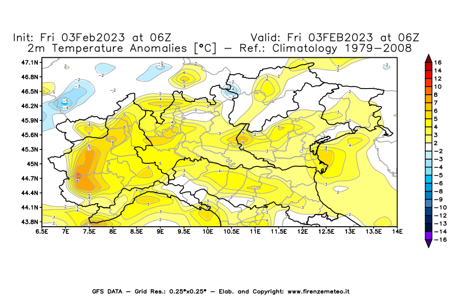 Mappa di analisi GFS - Anomalia Temperatura [°C] a 2 m in Nord-Italia
							del 03/02/2023 06 <!--googleoff: index-->UTC<!--googleon: index-->